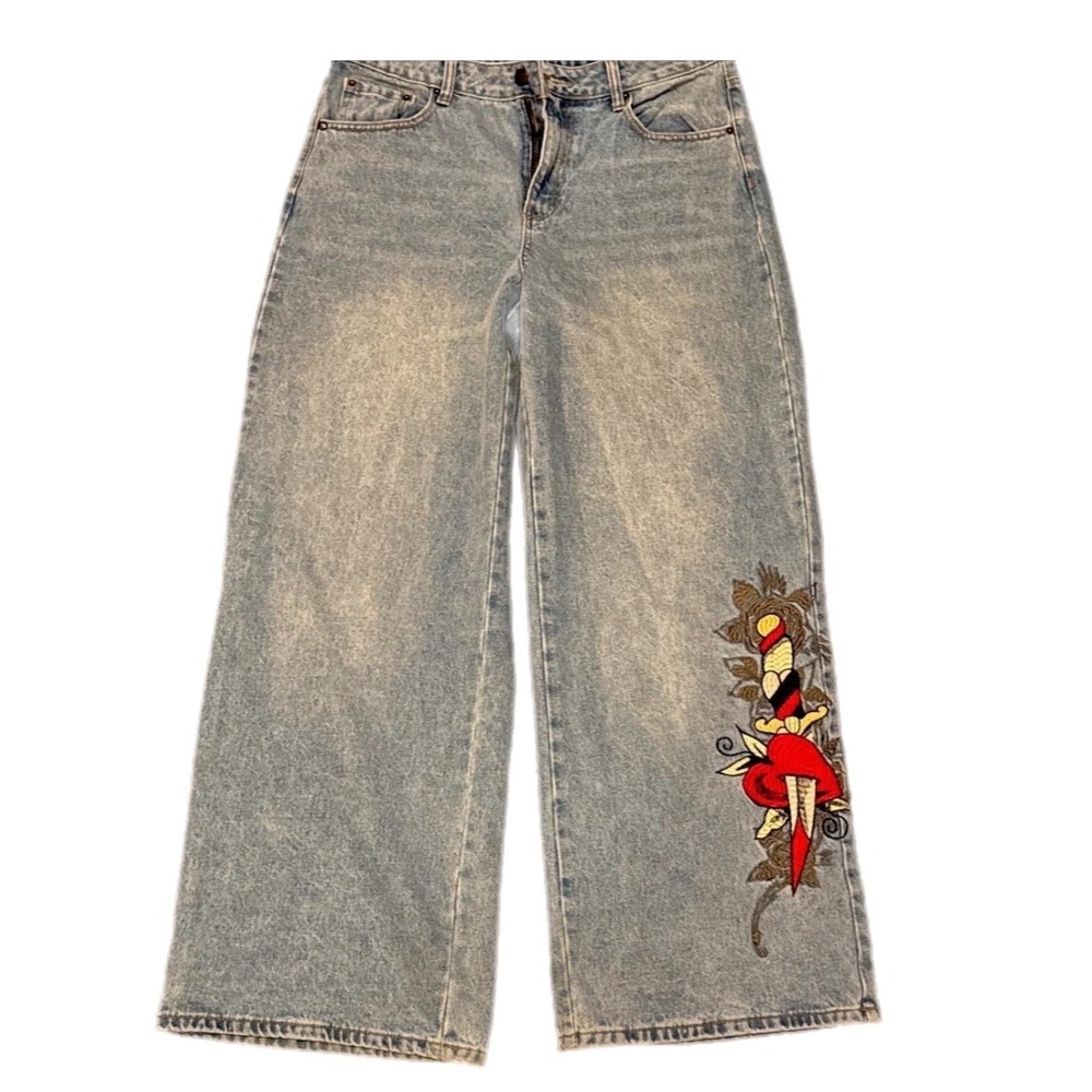 Ed Hardy Wide Leg Jeans Unisex 32 Light Wash Heart Dagger Y2K Tattoo Loose Fit